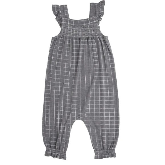 Angel Dear Smocked Front Romper - Grey Grid - Picture 1 of 8